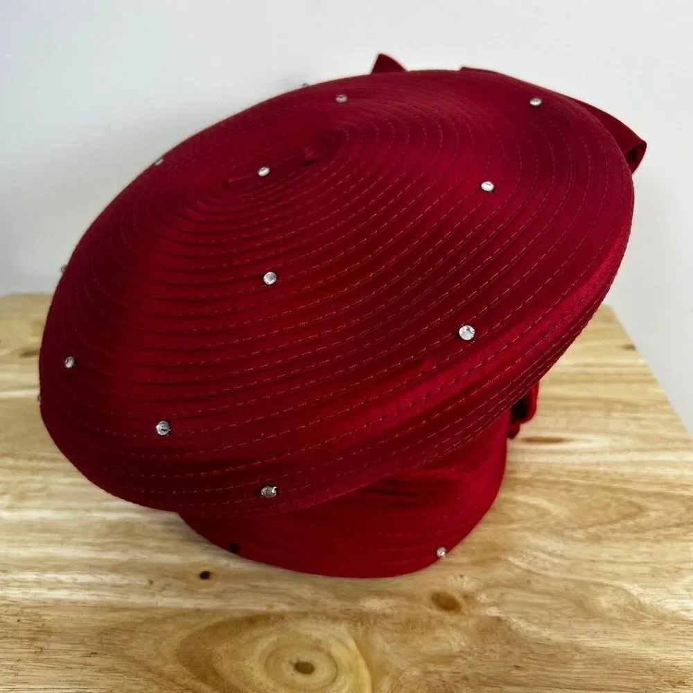 Ashro Whittall and Shon Red Church Hat Fascinator Beaded Velvet Flower Bow